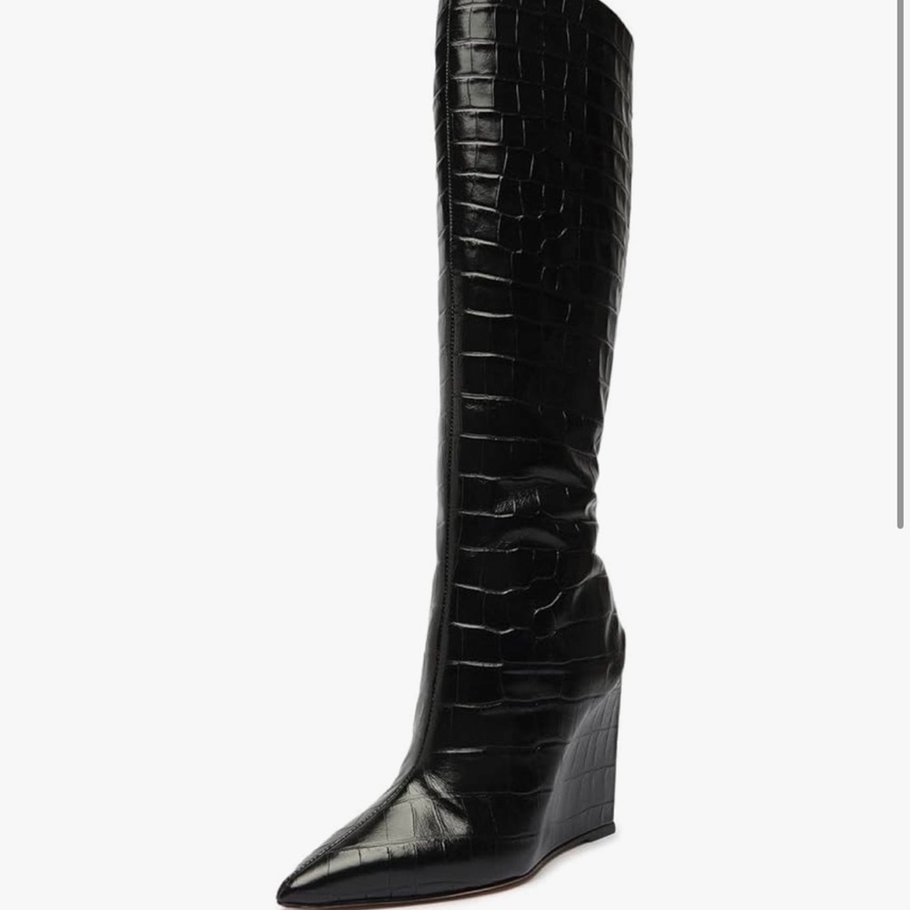 SCHUTZ Black Croc-Embossed Knee-High Boots